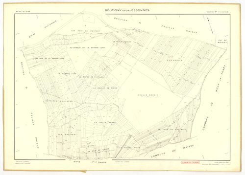 Plans minutes de conservation : BOUTIGNY-SUR-ESSONNE : tableau d'assemblage, ech. 1/10000 (1955-1974), sections A, B, C, D, E, G, I, K, L, M, N, P, Q, R, S, ech. 1/2000 (1955) ; sections C, D, ZA, ech. 1/2000 (1974) ; sections F, H, ech. 1/1000 (1955), NB