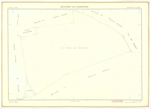 Plans minutes de conservation : BOUTIGNY-SUR-ESSONNE : tableau d'assemblage, ech. 1/10000 (1955-1974), sections A, B, C, D, E, G, I, K, L, M, N, P, Q, R, S, ech. 1/2000 (1955) ; sections C, D, ZA, ech. 1/2000 (1974) ; sections F, H, ech. 1/1000 (1955), NB