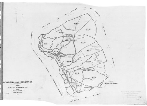 BOUTIGNY-SUR-ESSONNE .- Cadastre révisé pour 1955 : plan du tableau d'assemblage, plans de la section C, section D, [3 plans]. 