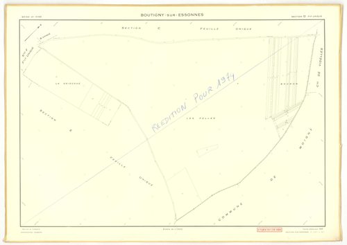 Plans minutes de conservation : BOUTIGNY-SUR-ESSONNE : tableau d'assemblage, ech. 1/10000 (1955-1974), sections A, B, C, D, E, G, I, K, L, M, N, P, Q, R, S, ech. 1/2000 (1955) ; sections C, D, ZA, ech. 1/2000 (1974) ; sections F, H, ech. 1/1000 (1955), NB
