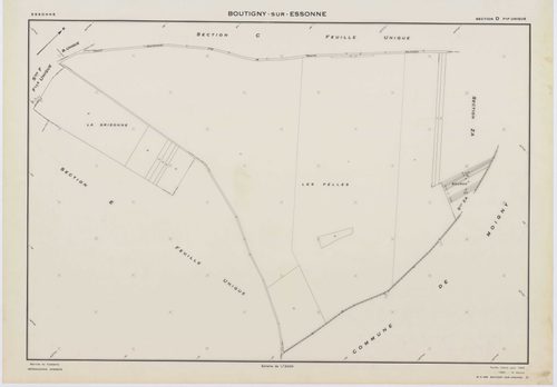 BOUTIGNY-SUR-ESSONNE, plans minutes de conservation : tableau d'assemblage,1955, Ech. 1/10000 ; plans des sections A, B, C, D, E, G, I, K, L, M, N, P, Q, R, S, 1955, Ech. 1/2000, sections F, H, 1955, Ech. 1/1000, section ZA, 1974, Ech. 1/2000. Polyester. 