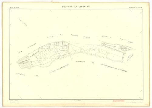 Plans minutes de conservation : BOUTIGNY-SUR-ESSONNE : tableau d'assemblage, ech. 1/10000 (1955-1974), sections A, B, C, D, E, G, I, K, L, M, N, P, Q, R, S, ech. 1/2000 (1955) ; sections C, D, ZA, ech. 1/2000 (1974) ; sections F, H, ech. 1/1000 (1955), NB