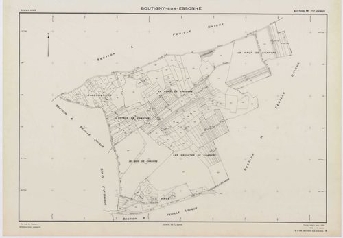 BOUTIGNY-SUR-ESSONNE, plans minutes de conservation : tableau d'assemblage,1955, Ech. 1/10000 ; plans des sections A, B, C, D, E, G, I, K, L, M, N, P, Q, R, S, 1955, Ech. 1/2000, sections F, H, 1955, Ech. 1/1000, section ZA, 1974, Ech. 1/2000. Polyester. 