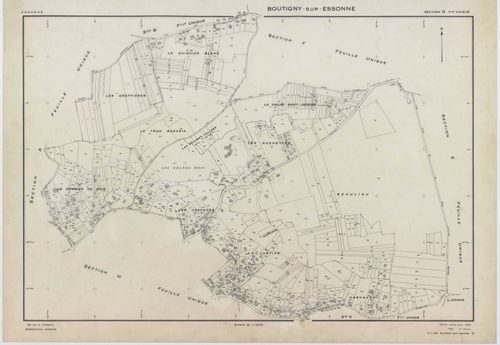 BOUTIGNY-SUR-ESSONNE, plans minutes de conservation : tableau d'assemblage,1955, Ech. 1/10000 ; plans des sections A, B, C, D, E, G, I, K, L, M, N, P, Q, R, S, 1955, Ech. 1/2000, sections F, H, 1955, Ech. 1/1000, section ZA, 1974, Ech. 1/2000. Polyester. 