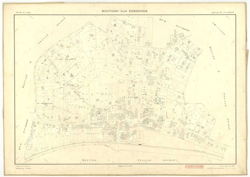 Plans minutes de conservation : BOUTIGNY-SUR-ESSONNE : tableau d'assemblage, ech. 1/10000 (1955-1974), sections A, B, C, D, E, G, I, K, L, M, N, P, Q, R, S, ech. 1/2000 (1955) ; sections C, D, ZA, ech. 1/2000 (1974) ; sections F, H, ech. 1/1000 (1955), NB