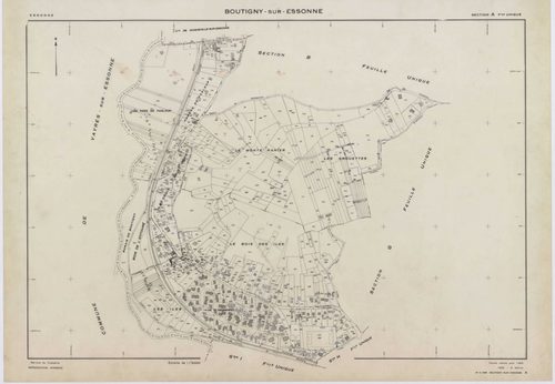 BOUTIGNY-SUR-ESSONNE, plans minutes de conservation : tableau d'assemblage,1955, Ech. 1/10000 ; plans des sections A, B, C, D, E, G, I, K, L, M, N, P, Q, R, S, 1955, Ech. 1/2000, sections F, H, 1955, Ech. 1/1000, section ZA, 1974, Ech. 1/2000. Polyester. 