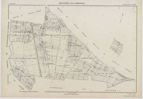BOUTIGNY-SUR-ESSONNE, plans minutes de conservation : tableau d'assemblage,1955, Ech. 1/10000 ; plans des sections A, B, C, D, E, G, I, K, L, M, N, P, Q, R, S, 1955, Ech. 1/2000, sections F, H, 1955, Ech. 1/1000, section ZA, 1974, Ech. 1/2000. Polyester. 