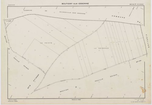 BOUTIGNY-SUR-ESSONNE, plans minutes de conservation : tableau d'assemblage,1955, Ech. 1/10000 ; plans des sections A, B, C, D, E, G, I, K, L, M, N, P, Q, R, S, 1955, Ech. 1/2000, sections F, H, 1955, Ech. 1/1000, section ZA, 1974, Ech. 1/2000. Polyester. 