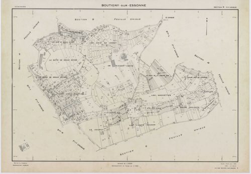 BOUTIGNY-SUR-ESSONNE, plans minutes de conservation : tableau d'assemblage,1955, Ech. 1/10000 ; plans des sections A, B, C, D, E, G, I, K, L, M, N, P, Q, R, S, 1955, Ech. 1/2000, sections F, H, 1955, Ech. 1/1000, section ZA, 1974, Ech. 1/2000. Polyester. 