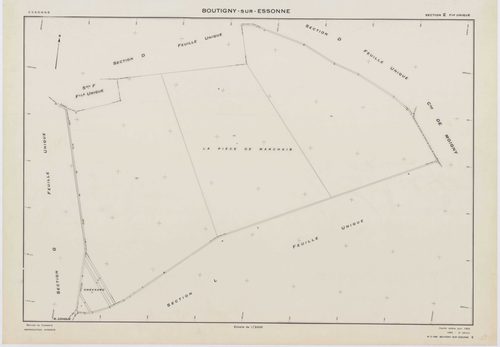 BOUTIGNY-SUR-ESSONNE, plans minutes de conservation : tableau d'assemblage,1955, Ech. 1/10000 ; plans des sections A, B, C, D, E, G, I, K, L, M, N, P, Q, R, S, 1955, Ech. 1/2000, sections F, H, 1955, Ech. 1/1000, section ZA, 1974, Ech. 1/2000. Polyester. 
