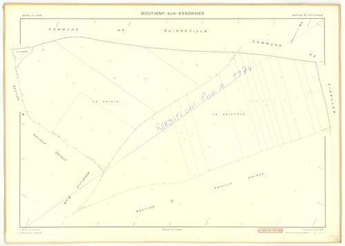 Plans minutes de conservation : BOUTIGNY-SUR-ESSONNE : tableau d'assemblage, ech. 1/10000 (1955-1974), sections A, B, C, D, E, G, I, K, L, M, N, P, Q, R, S, ech. 1/2000 (1955) ; sections C, D, ZA, ech. 1/2000 (1974) ; sections F, H, ech. 1/1000 (1955), NB