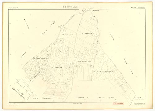 Plans minutes de conservation : BOUVILLE : tableau d'assemblage n°1, ech. 1/10000 (1955), sections A, B, C, D1, E1, F, G, H, I, J, K, L, sections D2, E2, ech. 1/1000 (1955) ; tableau d'assemblage n°2, ech. 1/10000 (1968), section J, ech. 1/2000 (1955-1968
