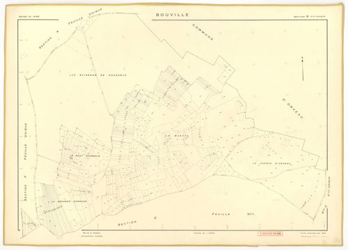 Plans minutes de conservation : BOUVILLE : tableau d'assemblage n°1, ech. 1/10000 (1955), sections A, B, C, D1, E1, F, G, H, I, J, K, L, sections D2, E2, ech. 1/1000 (1955) ; tableau d'assemblage n°2, ech. 1/10000 (1968), section J, ech. 1/2000 (1955-1968
