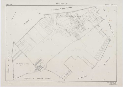 BOUVILLE, plans minutes de conservation : tableau d'assemblage,1955, Ech. 1/10000 ; plans des sections A, B, C, D1, E1, F, G, H, I, J, K, L, 1955, Ech. 1/2000, sections D2, E2, 1955, Ech. 1/1000, section M, 1955, Ech. 1/5000. Polyester. N et B. Dim. 105 x