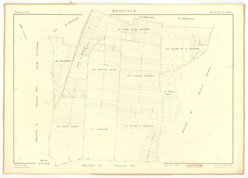 Plans minutes de conservation : BOUVILLE : tableau d'assemblage n°1, ech. 1/10000 (1955), sections A, B, C, D1, E1, F, G, H, I, J, K, L, sections D2, E2, ech. 1/1000 (1955) ; tableau d'assemblage n°2, ech. 1/10000 (1968), section J, ech. 1/2000 (1955-1968