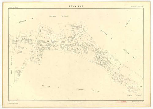 Plans minutes de conservation : BOUVILLE : tableau d'assemblage n°1, ech. 1/10000 (1955), sections A, B, C, D1, E1, F, G, H, I, J, K, L, sections D2, E2, ech. 1/1000 (1955) ; tableau d'assemblage n°2, ech. 1/10000 (1968), section J, ech. 1/2000 (1955-1968