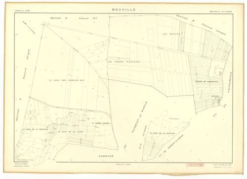 Plans minutes de conservation : BOUVILLE : tableau d'assemblage n°1, ech. 1/10000 (1955), sections A, B, C, D1, E1, F, G, H, I, J, K, L, sections D2, E2, ech. 1/1000 (1955) ; tableau d'assemblage n°2, ech. 1/10000 (1968), section J, ech. 1/2000 (1955-1968