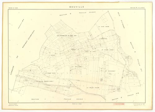 Plans minutes de conservation : BOUVILLE : tableau d'assemblage n°1, ech. 1/10000 (1955), sections A, B, C, D1, E1, F, G, H, I, J, K, L, sections D2, E2, ech. 1/1000 (1955) ; tableau d'assemblage n°2, ech. 1/10000 (1968), section J, ech. 1/2000 (1955-1968
