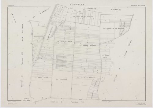 BOUVILLE, plans minutes de conservation : tableau d'assemblage,1955, Ech. 1/10000 ; plans des sections A, B, C, D1, E1, F, G, H, I, J, K, L, 1955, Ech. 1/2000, sections D2, E2, 1955, Ech. 1/1000, section M, 1955, Ech. 1/5000. Polyester. N et B. Dim. 105 x