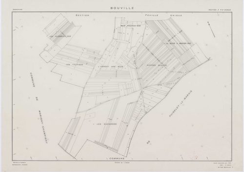 BOUVILLE, plans minutes de conservation : tableau d'assemblage,1955, Ech. 1/10000 ; plans des sections A, B, C, D1, E1, F, G, H, I, J, K, L, 1955, Ech. 1/2000, sections D2, E2, 1955, Ech. 1/1000, section M, 1955, Ech. 1/5000. Polyester. N et B. Dim. 105 x