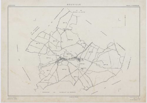BOUVILLE, plans minutes de conservation : tableau d'assemblage,1955, Ech. 1/10000 ; plans des sections A, B, C, D1, E1, F, G, H, I, J, K, L, 1955, Ech. 1/2000, sections D2, E2, 1955, Ech. 1/1000, section M, 1955, Ech. 1/5000. Polyester. N et B. Dim. 105 x