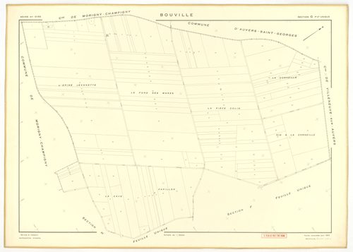 Plans minutes de conservation : BOUVILLE : tableau d'assemblage n°1, ech. 1/10000 (1955), sections A, B, C, D1, E1, F, G, H, I, J, K, L, sections D2, E2, ech. 1/1000 (1955) ; tableau d'assemblage n°2, ech. 1/10000 (1968), section J, ech. 1/2000 (1955-1968