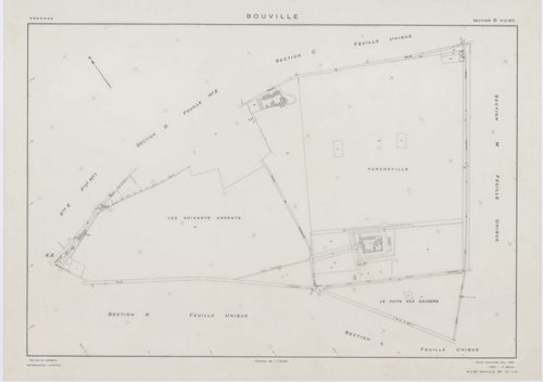 BOUVILLE, plans minutes de conservation : tableau d'assemblage,1955, Ech. 1/10000 ; plans des sections A, B, C, D1, E1, F, G, H, I, J, K, L, 1955, Ech. 1/2000, sections D2, E2, 1955, Ech. 1/1000, section M, 1955, Ech. 1/5000. Polyester. N et B. Dim. 105 x