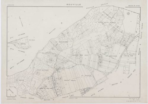 BOUVILLE, plans minutes de conservation : tableau d'assemblage,1955, Ech. 1/10000 ; plans des sections A, B, C, D1, E1, F, G, H, I, J, K, L, 1955, Ech. 1/2000, sections D2, E2, 1955, Ech. 1/1000, section M, 1955, Ech. 1/5000. Polyester. N et B. Dim. 105 x