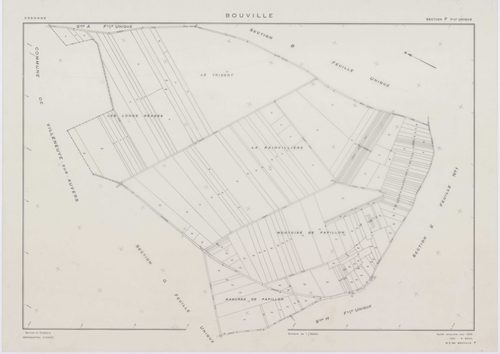 BOUVILLE, plans minutes de conservation : tableau d'assemblage,1955, Ech. 1/10000 ; plans des sections A, B, C, D1, E1, F, G, H, I, J, K, L, 1955, Ech. 1/2000, sections D2, E2, 1955, Ech. 1/1000, section M, 1955, Ech. 1/5000. Polyester. N et B. Dim. 105 x