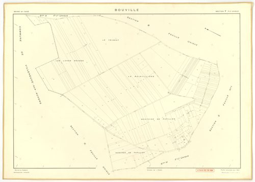 Plans minutes de conservation : BOUVILLE : tableau d'assemblage n°1, ech. 1/10000 (1955), sections A, B, C, D1, E1, F, G, H, I, J, K, L, sections D2, E2, ech. 1/1000 (1955) ; tableau d'assemblage n°2, ech. 1/10000 (1968), section J, ech. 1/2000 (1955-1968