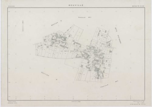 BOUVILLE, plans minutes de conservation : tableau d'assemblage,1955, Ech. 1/10000 ; plans des sections A, B, C, D1, E1, F, G, H, I, J, K, L, 1955, Ech. 1/2000, sections D2, E2, 1955, Ech. 1/1000, section M, 1955, Ech. 1/5000. Polyester. N et B. Dim. 105 x