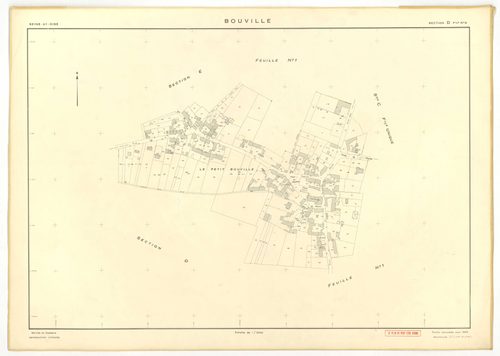 Plans minutes de conservation : BOUVILLE : tableau d'assemblage n°1, ech. 1/10000 (1955), sections A, B, C, D1, E1, F, G, H, I, J, K, L, sections D2, E2, ech. 1/1000 (1955) ; tableau d'assemblage n°2, ech. 1/10000 (1968), section J, ech. 1/2000 (1955-1968