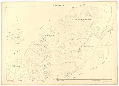 Plans minutes de conservation : BOUVILLE : tableau d'assemblage n°1, ech. 1/10000 (1955), sections A, B, C, D1, E1, F, G, H, I, J, K, L, sections D2, E2, ech. 1/1000 (1955) ; tableau d'assemblage n°2, ech. 1/10000 (1968), section J, ech. 1/2000 (1955-1968