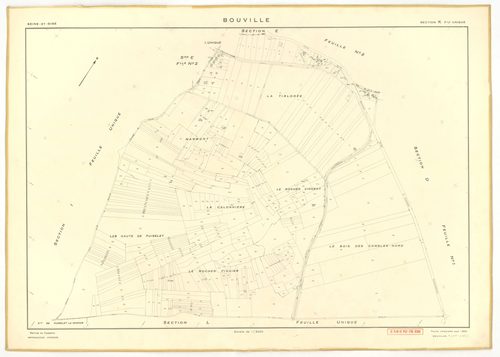 Plans minutes de conservation : BOUVILLE : tableau d'assemblage n°1, ech. 1/10000 (1955), sections A, B, C, D1, E1, F, G, H, I, J, K, L, sections D2, E2, ech. 1/1000 (1955) ; tableau d'assemblage n°2, ech. 1/10000 (1968), section J, ech. 1/2000 (1955-1968