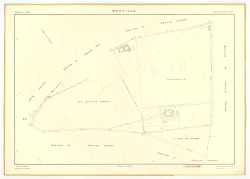 Plans minutes de conservation : BOUVILLE : tableau d'assemblage n°1, ech. 1/10000 (1955), sections A, B, C, D1, E1, F, G, H, I, J, K, L, sections D2, E2, ech. 1/1000 (1955) ; tableau d'assemblage n°2, ech. 1/10000 (1968), section J, ech. 1/2000 (1955-1968