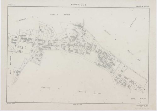 BOUVILLE, plans minutes de conservation : tableau d'assemblage,1955, Ech. 1/10000 ; plans des sections A, B, C, D1, E1, F, G, H, I, J, K, L, 1955, Ech. 1/2000, sections D2, E2, 1955, Ech. 1/1000, section M, 1955, Ech. 1/5000. Polyester. N et B. Dim. 105 x