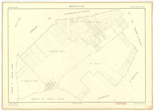 Plans minutes de conservation : BOUVILLE : tableau d'assemblage n°1, ech. 1/10000 (1955), sections A, B, C, D1, E1, F, G, H, I, J, K, L, sections D2, E2, ech. 1/1000 (1955) ; tableau d'assemblage n°2, ech. 1/10000 (1968), section J, ech. 1/2000 (1955-1968