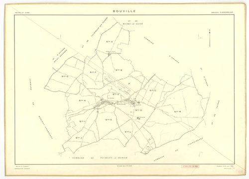 Plans minutes de conservation : BOUVILLE : tableau d'assemblage n°1, ech. 1/10000 (1955), sections A, B, C, D1, E1, F, G, H, I, J, K, L, sections D2, E2, ech. 1/1000 (1955) ; tableau d'assemblage n°2, ech. 1/10000 (1968), section J, ech. 1/2000 (1955-1968