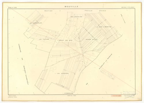 Plans minutes de conservation : BOUVILLE : tableau d'assemblage n°1, ech. 1/10000 (1955), sections A, B, C, D1, E1, F, G, H, I, J, K, L, sections D2, E2, ech. 1/1000 (1955) ; tableau d'assemblage n°2, ech. 1/10000 (1968), section J, ech. 1/2000 (1955-1968