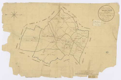 BRETIGNY-SUR-ORGE. - Plan d'assemblage, ech. 1/10000, coul., aquarelle, papier, 61x94 (1820). 
