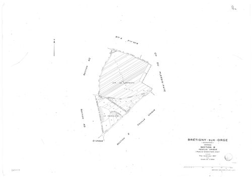 BRETIGNY-SUR-ORGE .- Cadastre révisé pour 1957 : plan du tableau d'assemblage, plans de la section A 1ère feuille, idem 2ème feuille, idem 3ème feuille, idem 4ème feuille, section AB, section AC, section AD, section AE, section AH, section AI, section AK,