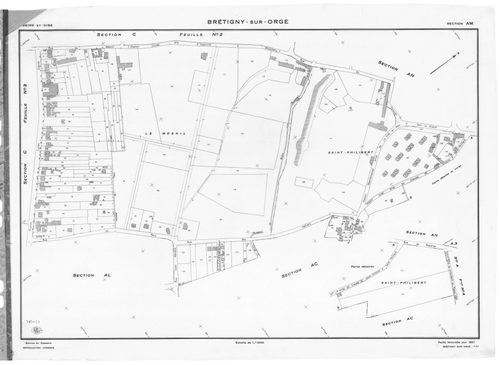 BRETIGNY-SUR-ORGE .- Cadastre révisé pour 1957 : plan du tableau d'assemblage, plans de la section A 1ère feuille, idem 2ème feuille, idem 3ème feuille, idem 4ème feuille, section AB, section AC, section AD, section AE, section AH, section AI, section AK,