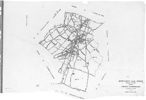 BRETIGNY-SUR-ORGE .- Cadastre révisé pour 1957 : plan du tableau d'assemblage, plans de la section A 1ère feuille, idem 2ème feuille, idem 3ème feuille, idem 4ème feuille, section AB, section AC, section AD, section AE, section AH, section AI, section AK,