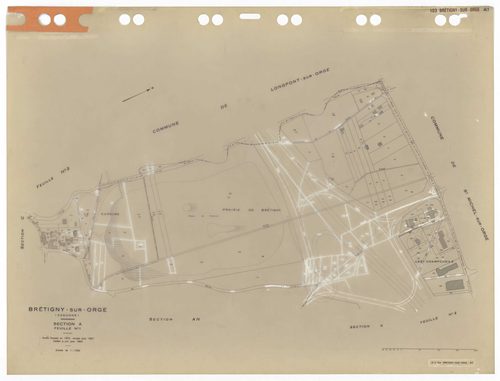 BRETIGNY-SUR-ORGE, plans minutes de conservation : tableau d'assemblage,1957, Ech. 1/10000 ; plans des sections Eu, Fu, A4, C2, C3, D1, 1957, Ech. 1/2500, sections A1, A2, A3, C1, C4, 1957, Ech. 1/1250, sections AB, AC, AD, AE, AH, AK, AL, AM, AN, AS, 195