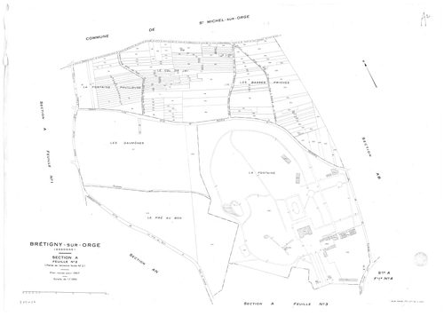 BRETIGNY-SUR-ORGE .- Cadastre révisé pour 1957 : plan du tableau d'assemblage, plans de la section A 1ère feuille, idem 2ème feuille, idem 3ème feuille, idem 4ème feuille, section AB, section AC, section AD, section AE, section AH, section AI, section AK,