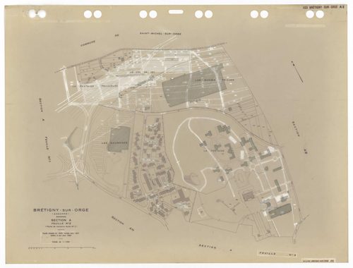 BRETIGNY-SUR-ORGE, plans minutes de conservation : tableau d'assemblage,1957, Ech. 1/10000 ; plans des sections Eu, Fu, A4, C2, C3, D1, 1957, Ech. 1/2500, sections A1, A2, A3, C1, C4, 1957, Ech. 1/1250, sections AB, AC, AD, AE, AH, AK, AL, AM, AN, AS, 195