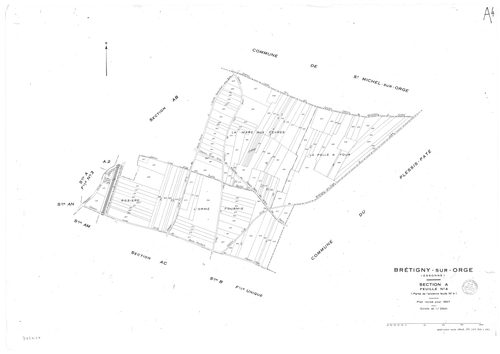 BRETIGNY-SUR-ORGE .- Cadastre révisé pour 1957 : plan du tableau d'assemblage, plans de la section A 1ère feuille, idem 2ème feuille, idem 3ème feuille, idem 4ème feuille, section AB, section AC, section AD, section AE, section AH, section AI, section AK,
