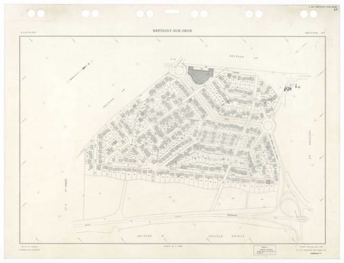 BRETIGNY-SUR-ORGE, plans minutes de conservation : tableau d'assemblage,1957, Ech. 1/10000 ; plans des sections Eu, Fu, A4, C2, C3, D1, 1957, Ech. 1/2500, sections A1, A2, A3, C1, C4, 1957, Ech. 1/1250, sections AB, AC, AD, AE, AH, AK, AL, AM, AN, AS, 195