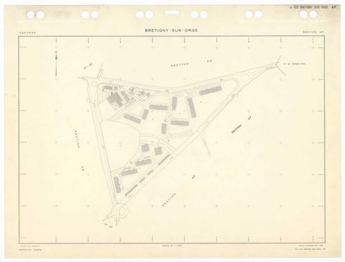 BRETIGNY-SUR-ORGE, plans minutes de conservation : tableau d'assemblage,1957, Ech. 1/10000 ; plans des sections Eu, Fu, A4, C2, C3, D1, 1957, Ech. 1/2500, sections A1, A2, A3, C1, C4, 1957, Ech. 1/1250, sections AB, AC, AD, AE, AH, AK, AL, AM, AN, AS, 195