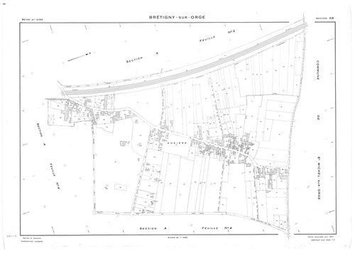 BRETIGNY-SUR-ORGE .- Cadastre révisé pour 1957 : plan du tableau d'assemblage, plans de la section A 1ère feuille, idem 2ème feuille, idem 3ème feuille, idem 4ème feuille, section AB, section AC, section AD, section AE, section AH, section AI, section AK,